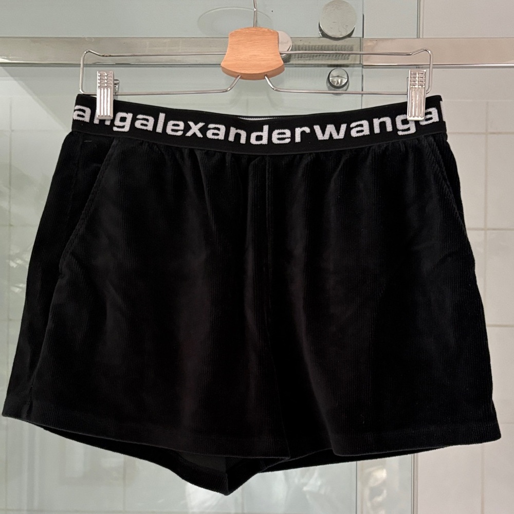 Alexander Wang Black Corduroy Logo Waistband Athletic Shorts